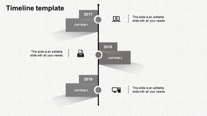 Vertical timeline with gray milestone boxes for 2017 to 2019, connected by a black line with circular markers.