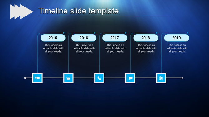 Blue themed timeline with rounded boxes for 2015 to 2019, each connected to icons on a dark gradient background.