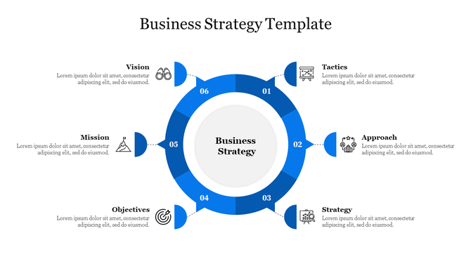 Six step circular business infographic in blue, illustrating icons like vision, tactics, and mission, around a centre.