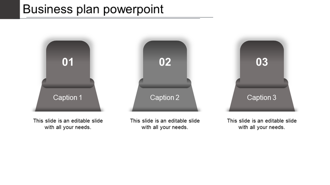 Business plan slide with three gray tombstone shaped sections labeled 01, 02, and 03, each with captions below.