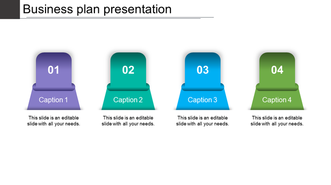Business plan template showing numbered blocks in purple, teal, blue, and green with captions areas.