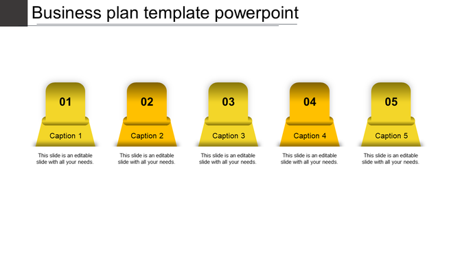 Business plan template displaying five gradient yellow blocks labeled 01-05, aligned in a row with caption areas.