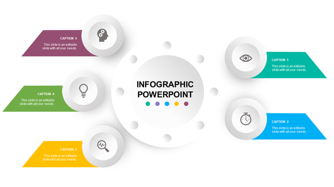 Modern circular infographic with six icons and matching yellow caption boxes connected to a central circle.
