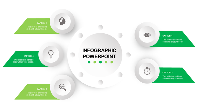 Infographic PowerPoint template with five green sections with captions and icons on a white backdrop.