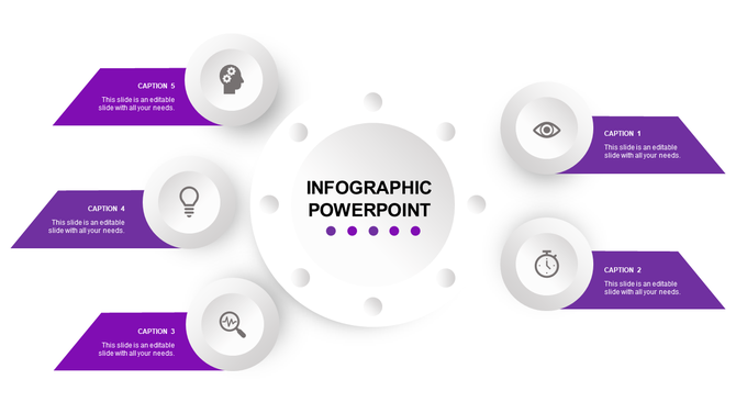 Infographic PowerPoint template with five purple sections with captions and icons on a white backdrop.
