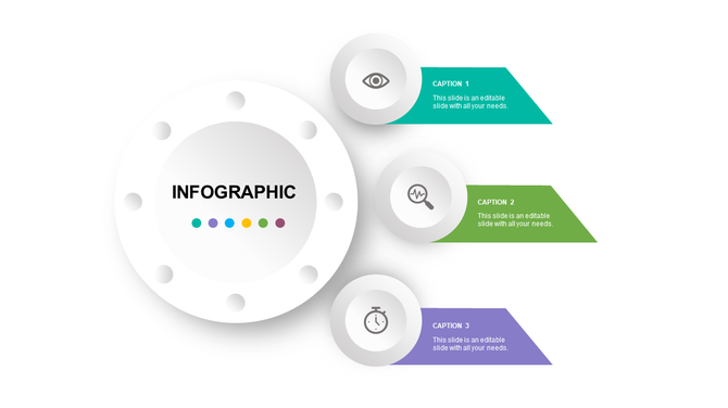 Infographic featuring a central circle with colored dots and three colorful captions in teal, green, and purple.