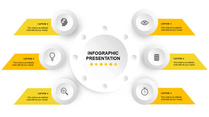 Modern circular infographic with six icons and matching red caption boxes connected to a central circle.