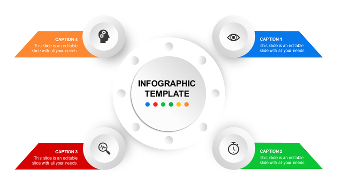 Infographic PPT template with a circular design in the center and four colored captions pointing to various icons.