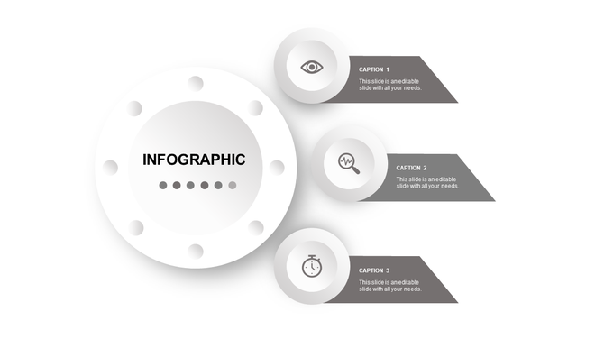 A gray infographic with a central white circle surrounded by three smaller circles, all connected by lines.