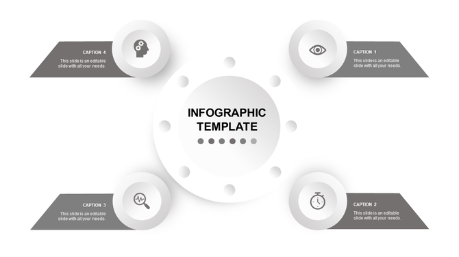 Infographic PowerPoint design slide with four sections connected to a central circle, each with a relevant grey icon.