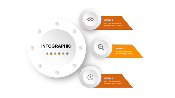 Infographic PPT slide featuring three orange sections with icons for vision, analysis, and time around a central circle.