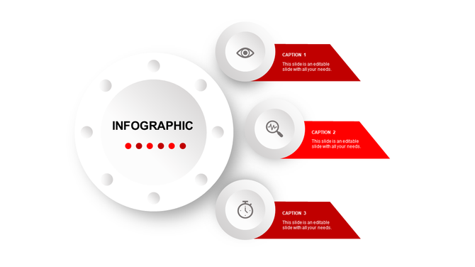 Infographic PowerPoint template with a central circle and three red caption boxes highlighting key topics with icons.
