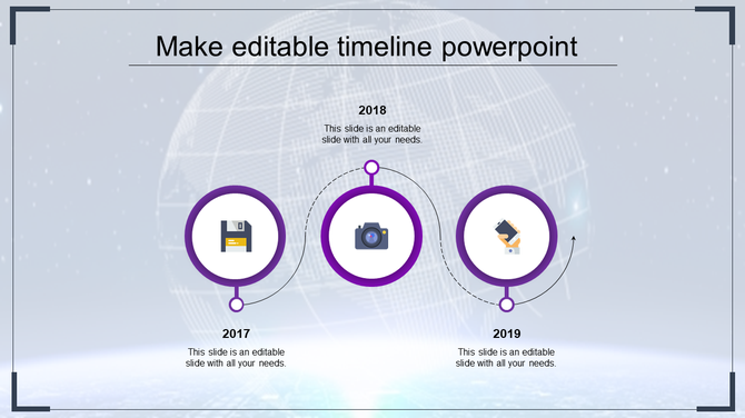 A PowerPoint timeline design slide with purple circular markers for 2017, 2018, and 2019, featuring icons for each year.