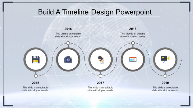 Visually appealing timeline with gray circles and icons showing technological progress over the years 2015 to 2019.
