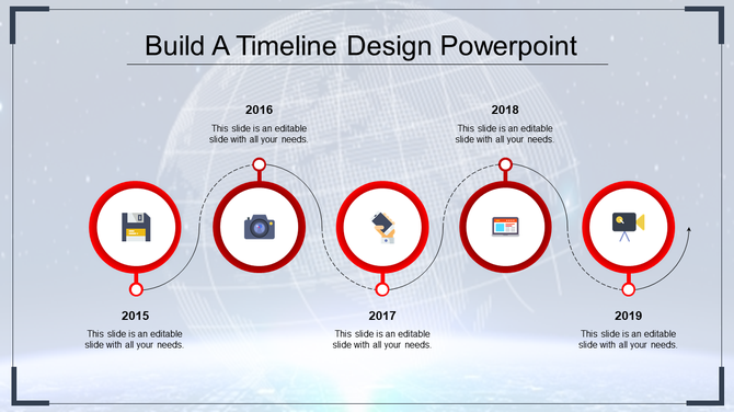 A professional timeline slide design displaying key events from 2015 to 2019 with red circular icons with placeholder text.