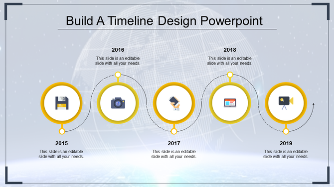 A professional timeline slide design displaying key events from 2015 to 2019 with yellow circular icons with text area.