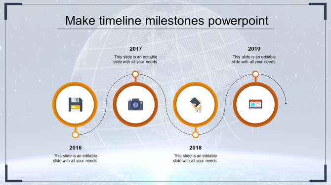 Timeline with orange circular icons, each representing different years from 2016 to 2019 with tech related symbols.