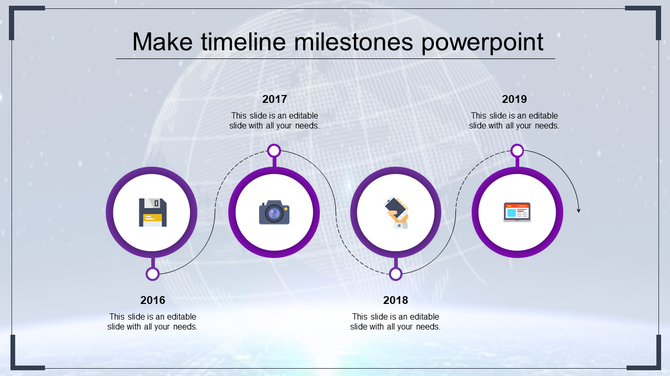 A timeline PowerPoint slide design with purple circles for the years from 2016 to 2019, including icons with placeholder text.