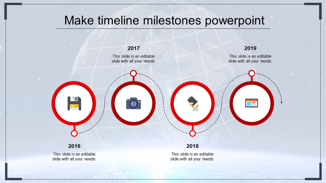 Infographic with four red circular icons representing years 2016 to 2019 and corresponding milestone icons.