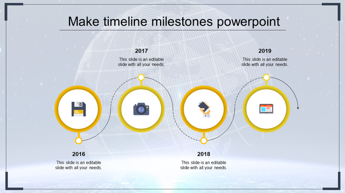 Yellow themed timeline with circular icons for years 2016 to 2019, each containing tech related symbols and milestones.