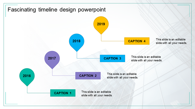 Timeline design showing milestones from 2016 to 2019 with colored markers and captions connected by lines in ascending order.