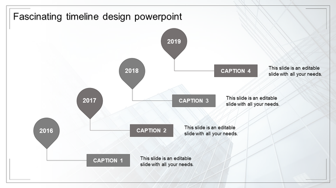Gray timeline with four circular year markers, connected by lines, with caption boxes underneath.