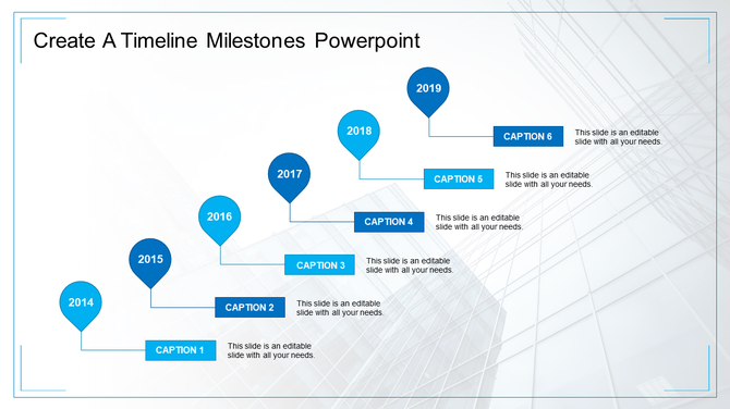 Timeline with six blue year markers, each inside circles, connected by lines, with caption boxes below.