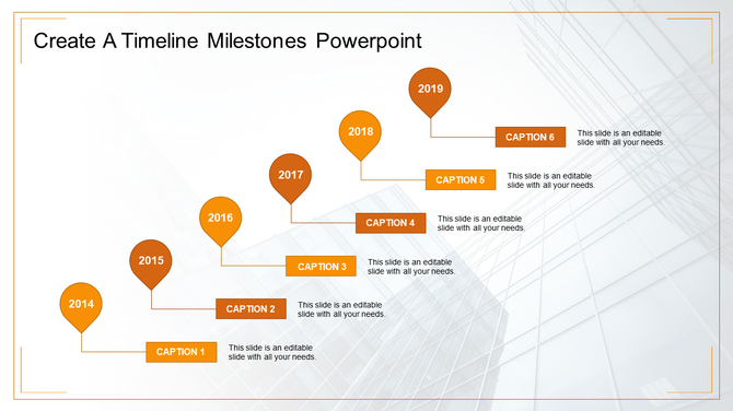 Timeline PowerPoint design featuring years from 2014 to 2019 with corresponding caption spaces.