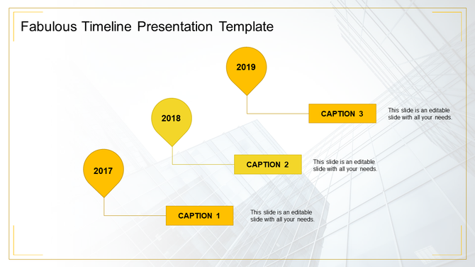 Timeline presentation template with yellow circular markers for 2017, 2018, and 2019, and captions below each year.
