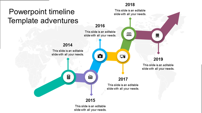 PowerPoint timeline template with five years from 2014 to 2019, featuring colorful icons and a world map backdrop.