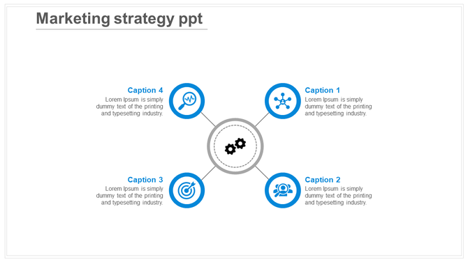 Circular layout with four colored icons linked to a central grey gear symbol representing marketing elements.