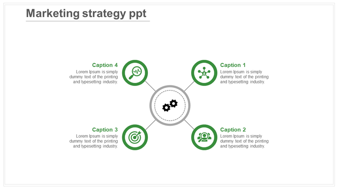 Marketing strategy PowerPoint slide with four green icons around a central gear icon, each with captions.
