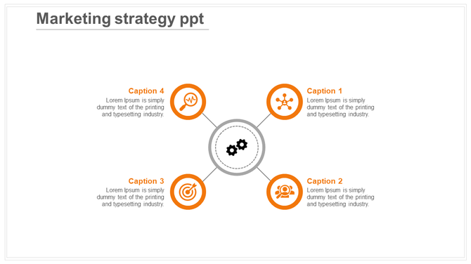 Circular layout with four blue icons linked to a central grey gear symbol representing marketing elements.