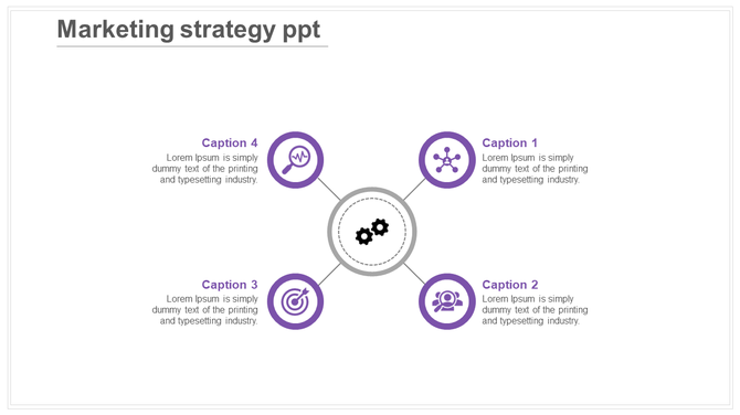 Marketing strategy PowerPoint slide with four purple icons surrounding a central gear icon, each with captions.