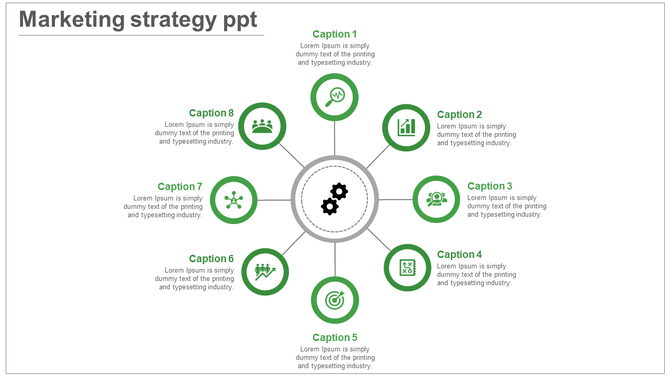 Bullseye target diagram with red outer ring, green inner circle, and four caption boxes linked to goal related icons.