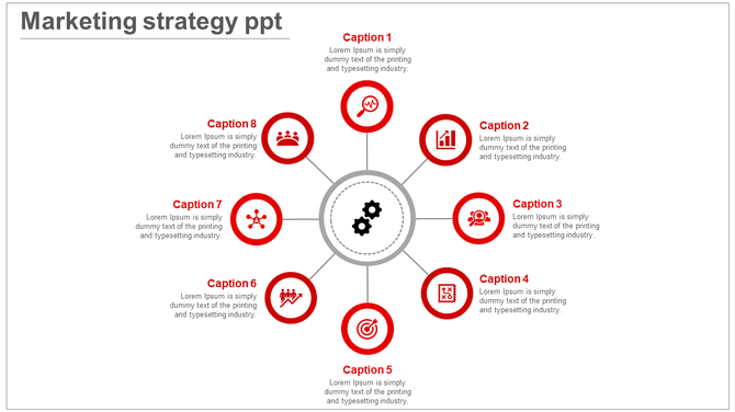 Circular diagram with eight red icons surrounding a gray gear symbol in the center, representing different strategies.
