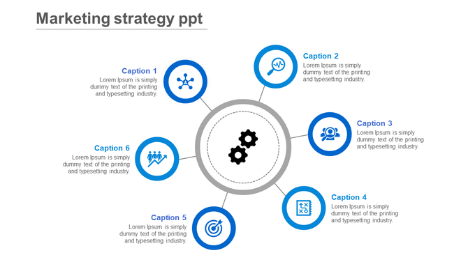 Business strategy template with six circular icons and descriptions, connected to a central gear, in blue and gray.