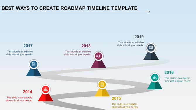 Roadmap timeline PPT slide featuring milestones from 2014 to 2019, with icons representing each year and stages of progress.
