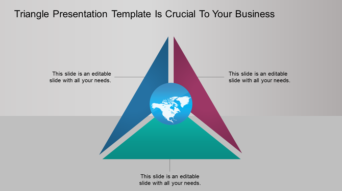 Triangle presentation template with three colored sections, highlighting key elements with placeholder text.