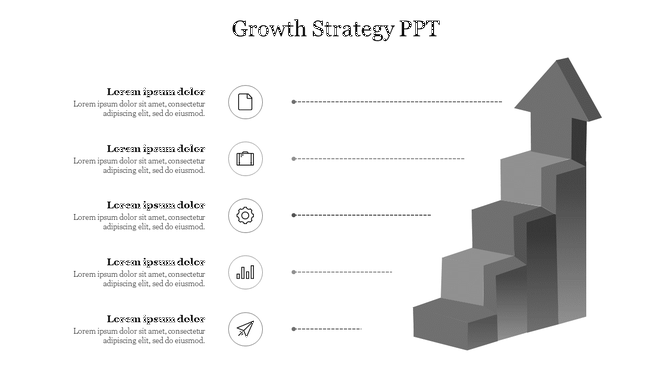 Growth strategy PowerPoint slide with a series of steps, icons for each stage, and dotted lines for text descriptions.