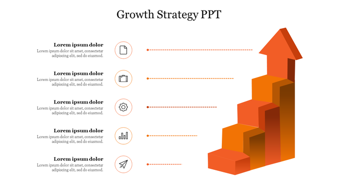 Growth strategy template featuring blue 3D steps, upward arrow, and five circular icons linked to text.