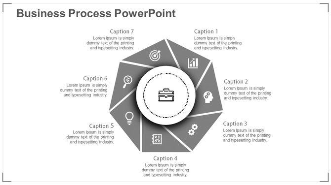 Business process PPT template with a gray circular flowchart, featuring seven sections, each with an icon and caption.
