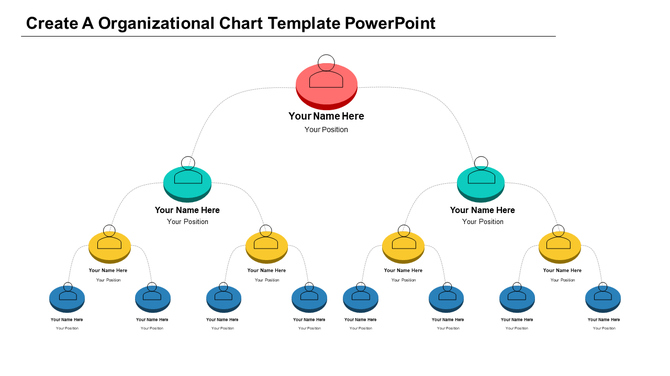 Organizational chart with red executive node, leading to teal managers, yellow supervisors, and blue team members.