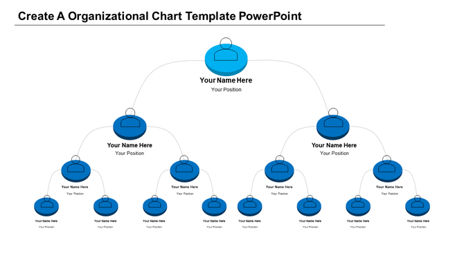 Blue and white organizational chart featuring circular icons for each position in a hierarchical setup.