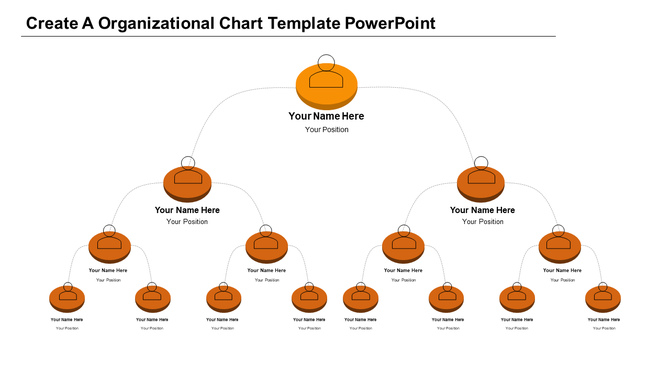 PowerPoint template featuring an organizational chart with orange circular boxes representing positions and employees.