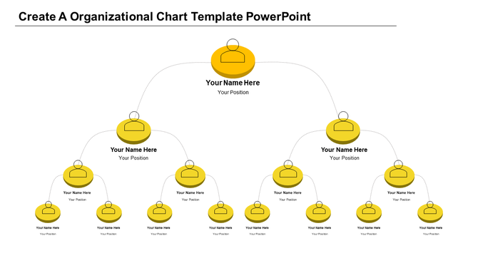PowerPoint template featuring an organizational chart with yellow circular boxes representing positions and employees.