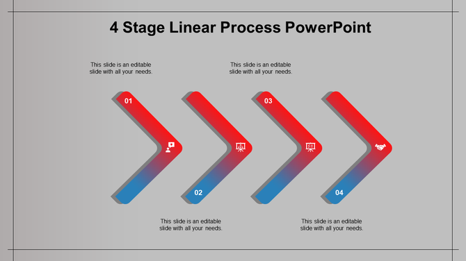 A clean, red, and blue linear process PowerPoint template showing four stages with icons for each step.