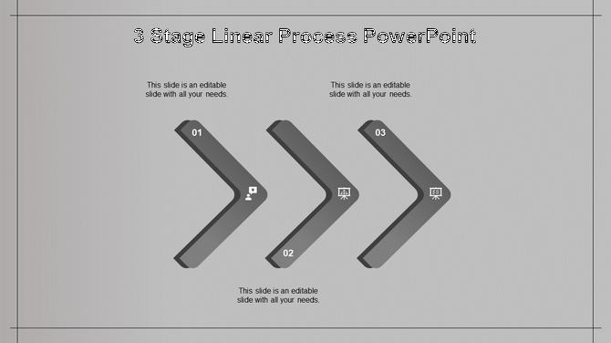 Three step process diagram with blue chevrons numbered 01 to 03 featuring white icons on a gray background.