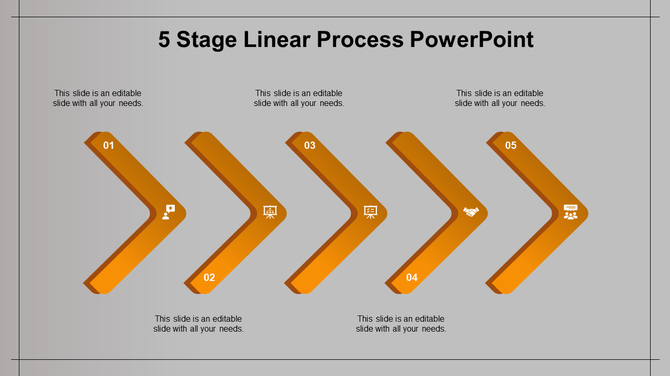 A PowerPoint template with five orange arrows for illustrating a process flow, each step has space for descriptions.