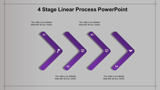 Four stage linear process diagram with purple chevron arrows numbered 01 to 04 on a gray background.
